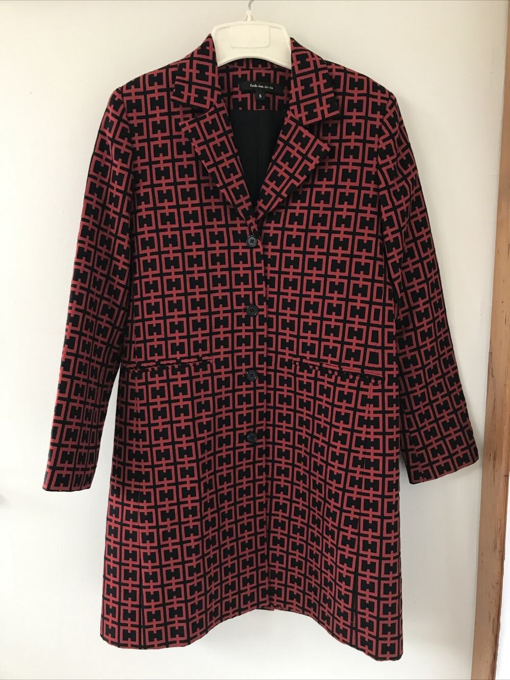 Fashionista Red Black Wool Greek Key Lock Patterned Long Overcoat Small 38"